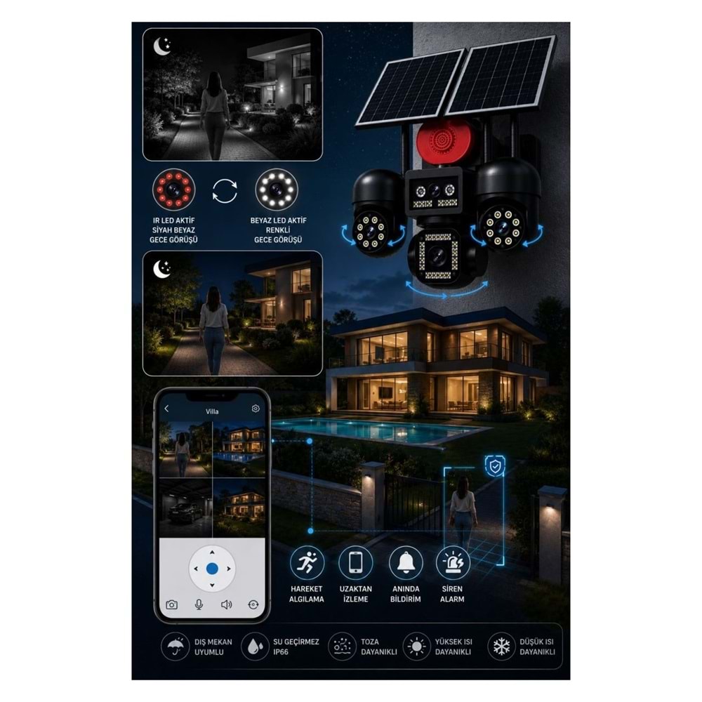AVENİR AV-S446 4 Kameralı Sirenli 3 Motorlu+ 1 Sabit 8mp E Sim 4g Sim Kartlı Ptz Kamera