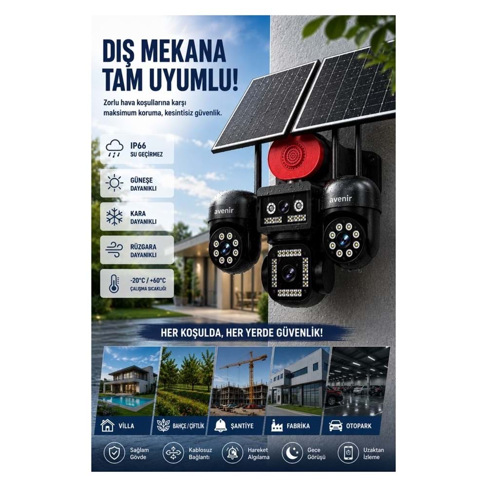 AVENİR AV-S446 4 Kameralı Sirenli 3 Motorlu+ 1 Sabit 8mp E Sim 4g Sim Kartlı Ptz Kamera