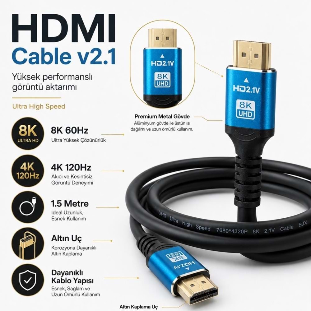 8K Ultra HD 2.1V 48Gbps Hdmi Kablo 1.5 Metre Altın Kaplama Led Tv 6060