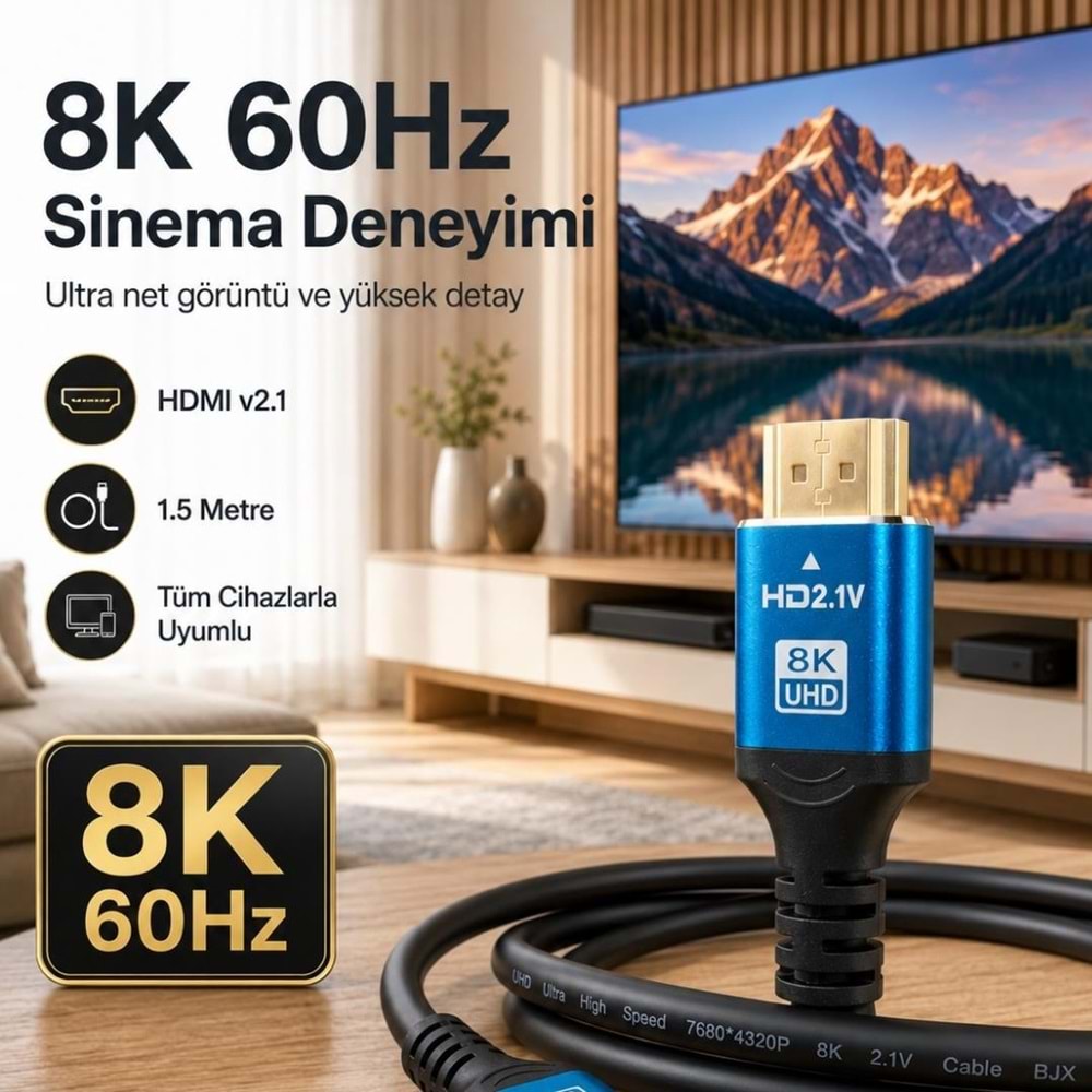 8K Ultra HD 2.1V 48Gbps Hdmi Kablo 1.5 Metre Altın Kaplama Led Tv 6060