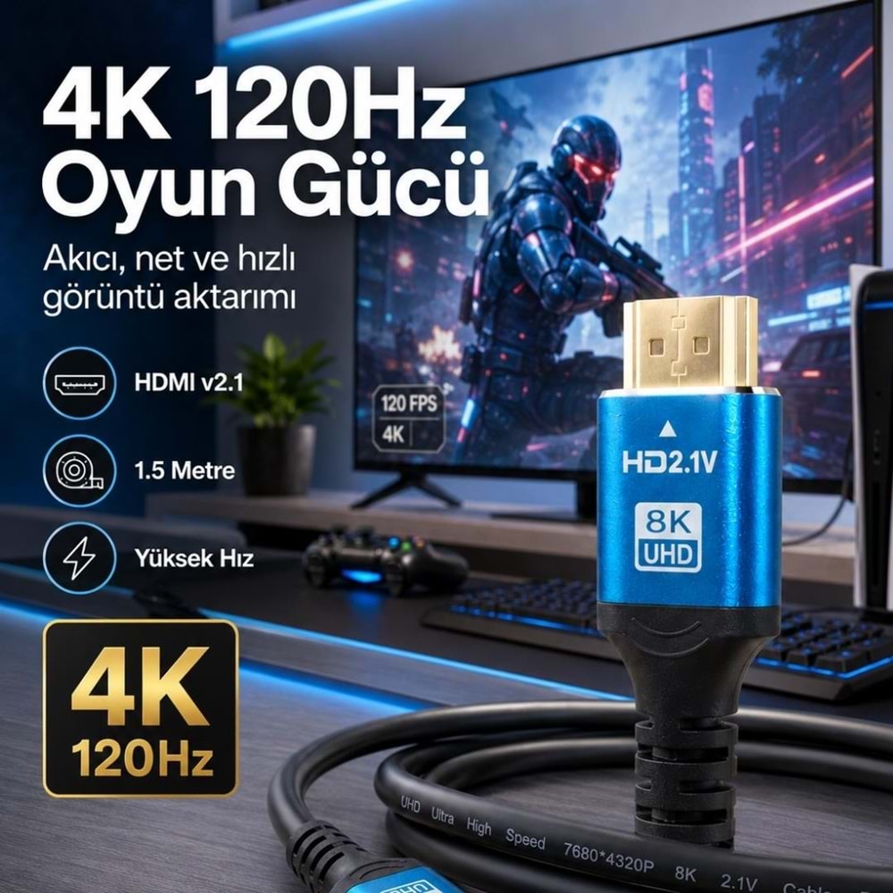8K Ultra HD 2.1V 48Gbps Hdmi Kablo 1.5 Metre Altın Kaplama Led Tv 6060