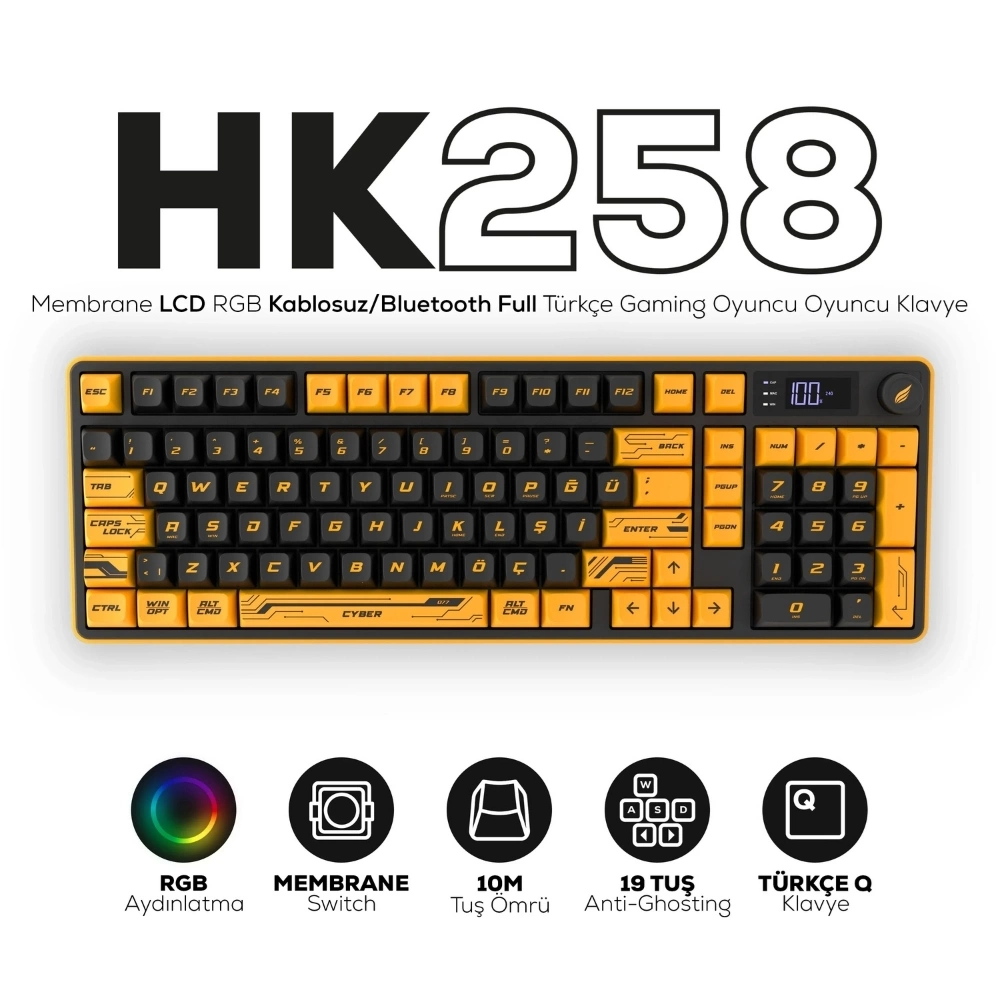 Hawk Gaming HK258CY Membrane LCD RGB Kablosuz/Bluetooth Cyber Sarı Siyah Full Türkçe Gaming Klavye