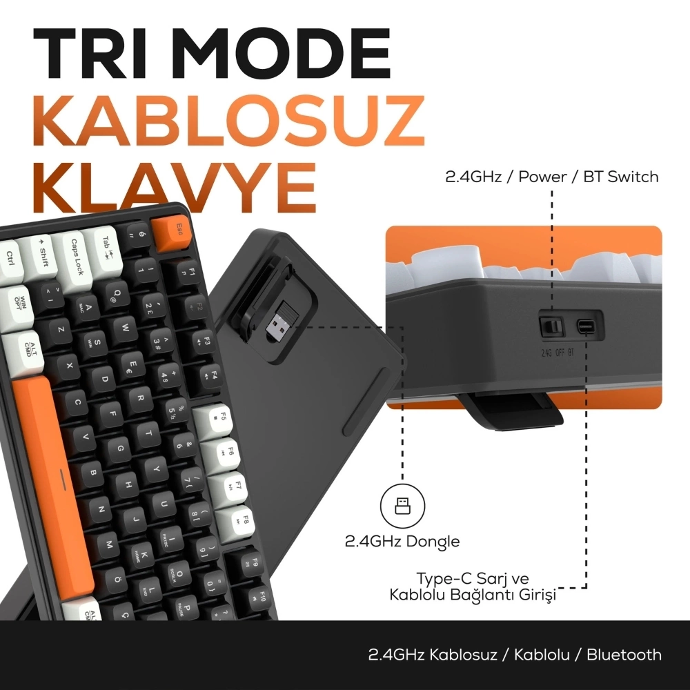 Hawk Gaming HK258BW Membrane LCD RGB Kablosuz/Bluetooth Siyah Turuncu Full Türkçe Gaming Klavye