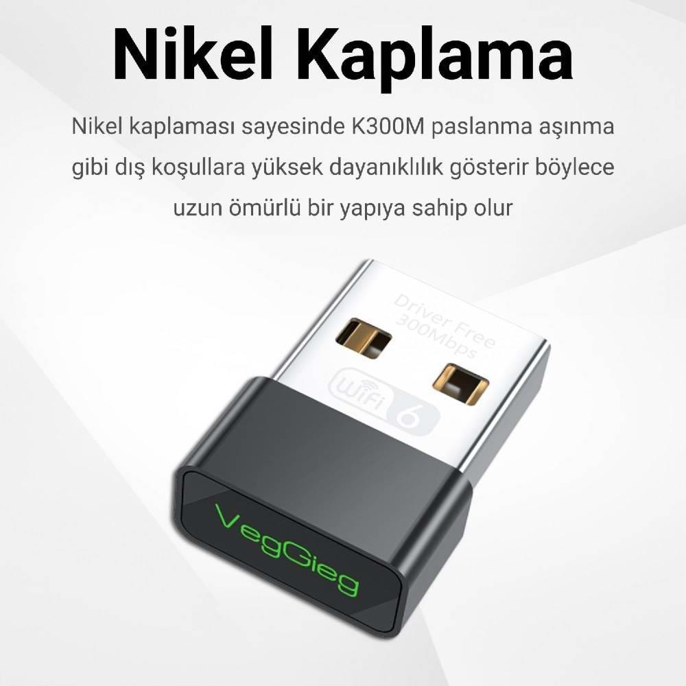 VegGieg 300 Mbps Wifi 6 Çift Bant Kablosuz Alıcı Verici Nano USB Adaptör