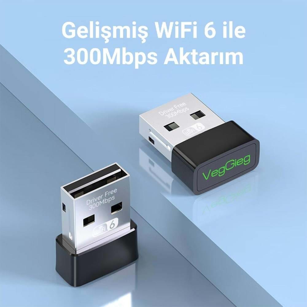 VegGieg 300 Mbps Wifi 6 Çift Bant Kablosuz Alıcı Verici Nano USB Adaptör