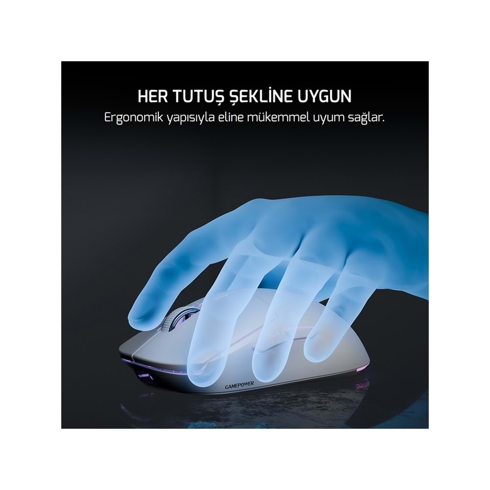 Gamepower Kodex RGB 12.000DPI PAW3311 Kablosuz Beyaz Gaming Mouse (Grip Tape Hediyeli)