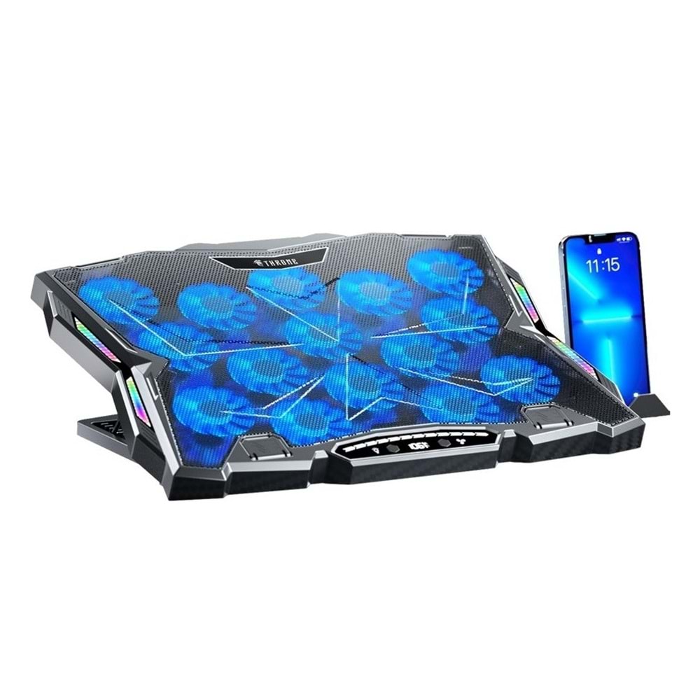 Throne Frost GT15 15X Turbo LED Fan - 10 Modlu Rgb - LCD Ekran - Ayarlabilir Fan Hızı & 9 Farklı Stand Yükseklik Kademesi – 2x USB - Metal Mesh Zemin Notebook Soğutucu - Siyah (9