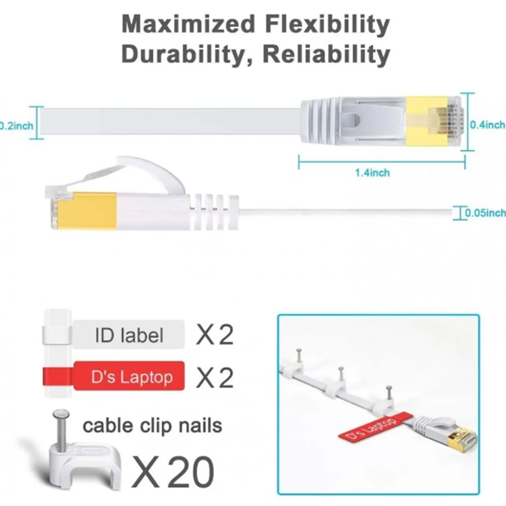 CAT7 Internet Ethernet Kablosu 1 Metre 10Gbps 600Mhz LAN Slim Fl