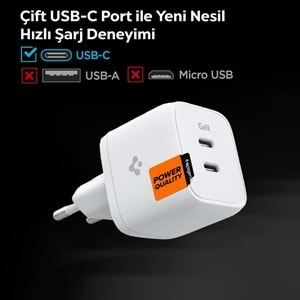 Spigen 35W USB-C Güç Adaptörü 2 Port GaN Tech (Şarj Isısını Düşürür) 25W/30W Samsung PPS Destekli Type-C Hızlı iPhone & Android & iPad & Macbook Şarj Cihazı ArcStation PE2104 White - ACH03714