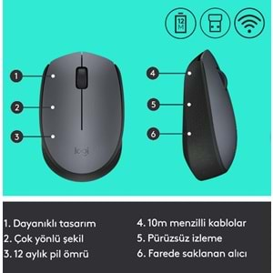 Logitech M170 USB Alıcılı Kablosuz Kompakt Mouse - Gri