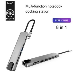 Type C To Hdmi Usb 3.0 Sd MicroSD 8in1 Kart Rj45 Ethernet Çevirici Dönüştürücü Adaptör 4681
