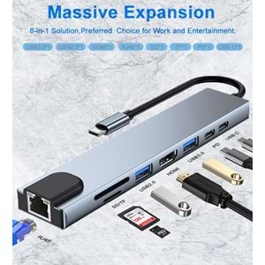 Type C To Hdmi Usb 3.0 Sd MicroSD 8in1 Kart Rj45 Ethernet Çevirici Dönüştürücü Adaptör 4681