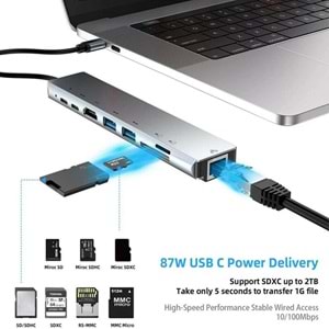 Type C To Hdmi Usb 3.0 Sd MicroSD 8in1 Kart Rj45 Ethernet Çevirici Dönüştürücü Adaptör 4681