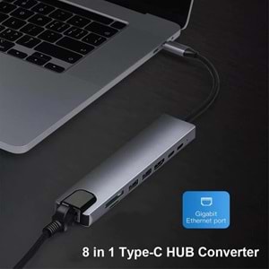 Type C To Hdmi Usb 3.0 Sd MicroSD 8in1 Kart Rj45 Ethernet Çevirici Dönüştürücü Adaptör 4681