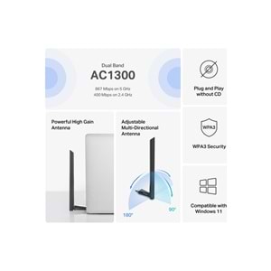 Mercusys MA30H, AC1300 Mbps, Çift Bant, USB 3.0, Yüksek Çekim Güçlü Wi-Fi 5 USB Adaptör