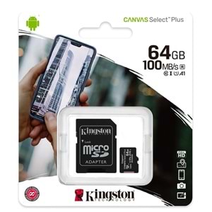 Kingston SDCS2-64GB 64GB micSDXC Canvas Select Plus 100R A1 C10 Card + ADP Hafıza Kartı