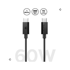 Spigen USB-C to USB-C 1 Metre Kablo 60W Güç / PPS 2.0 Super Hızlı Şarj / 480 Mbps Data Aktarım Hızı Type-C Ekstra Dayanıklı Black