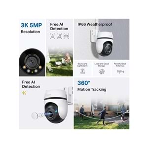 TP-LINK Tapo C530WS - 3K 5MP Dış Mekan Wi-Fi/Ethernet Güvenlik Kamerası, Hareket Tespit/Takibi, 360°, IP66, Renkli Gece Görüşü