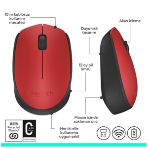 Logitech M171 USB Alıcılı Kablosuz Kompakt Mouse - Kırmızı