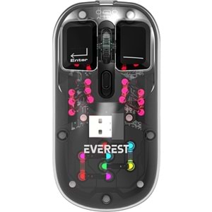 Everest SM-BT89 Opal Şarj Edilebilir Sessiz Siyah Transparan Rgb 2in1 2bt ve 2.4ghz Kablosuz Mouse