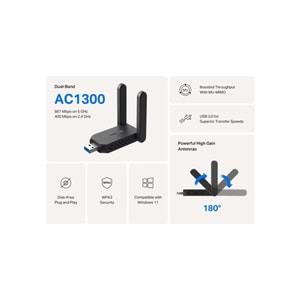 Mercusys MA32H, AC1300 Mbps, Çift Bant, USB 3.0, Yüksek Çekim Güçlü Wi-Fi 5 USB Adaptör