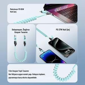USB Type-C Lightning 4'ü 1 Arada 65W PD Hızlı Şarj Data Kablosu 1.5m Spiral Çevirici 6008