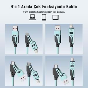 USB Type-C Lightning 4'ü 1 Arada 65W PD Hızlı Şarj Data Kablosu 1.5m Spiral Çevirici 6008
