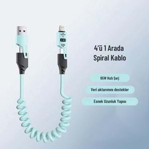 USB Type-C Lightning 4'ü 1 Arada 65W PD Hızlı Şarj Data Kablosu 1.5m Spiral Çevirici 6008
