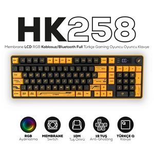 Hawk Gaming HK258CY Membrane LCD RGB Kablosuz/Bluetooth Cyber Sarı Siyah Full Türkçe Gaming Klavye