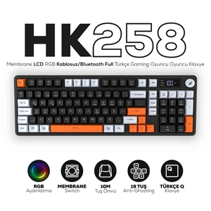 Hawk Gaming HK258BW Membrane LCD RGB Kablosuz/Bluetooth Siyah Turuncu Full Türkçe Gaming Klavye