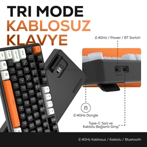 Hawk Gaming HK258BW Membrane LCD RGB Kablosuz/Bluetooth Siyah Turuncu Full Türkçe Gaming Klavye
