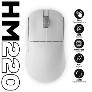 Hawk Gaming HM220 1K Hz 12000 DPI Tri-Mode Kablosuz/Bluetooth Beyaz Gaming Mouse