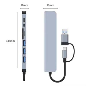 8 in 2 USB-C & USB 3.0 Hub Çoklayıcı USB, Type-C, SD/TF ve Aux Çevirici