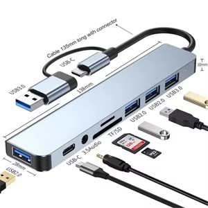 8 in 2 USB-C & USB 3.0 Hub Çoklayıcı USB, Type-C, SD/TF ve Aux Çevirici