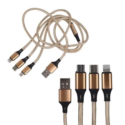 Powermaster PM-2368 Micro USB - Type-C - Lightning Şarj ve Data Kablosu 2.1 Amper 110CM Örgülü Beyaz -- KABLO