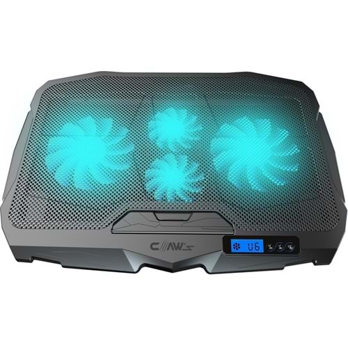 Claw's Tornado 4x Turbo LED Fan - Ayarlabilir Fan Hızı & 6 Farklı Stand Yükseklik Kademesi - 2 USB Portlu - Metal Mesh Zemin - LCD Ekranlı Notebook Soğutucu - Siyah (9