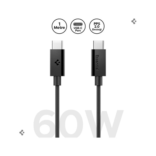 Spigen USB-C to USB-C 1 Metre Kablo 60W Güç / PPS 2.0 Super Hızlı Şarj / 480 Mbps Data Aktarım Hızı Type-C Ekstra Dayanıklı Black