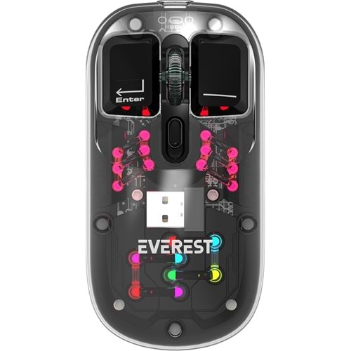 Everest SM-BT89 Opal Şarj Edilebilir Sessiz Siyah Transparan Rgb 2in1 2bt ve 2.4ghz Kablosuz Mouse