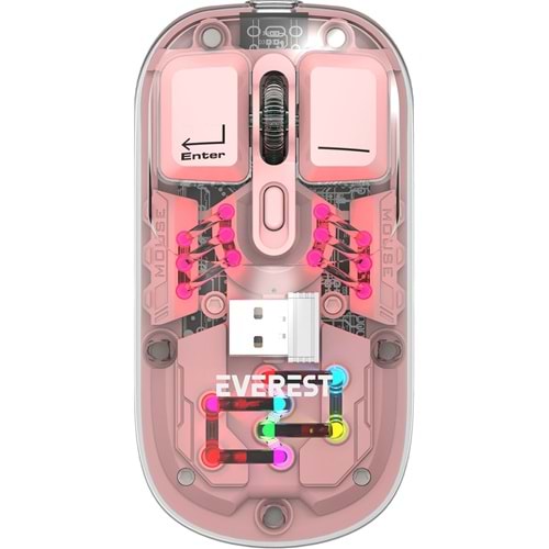 Everest SM-BT89 Opal Şarj Edilebilir Sessiz Pembe Transparan Rgb 2in1 2bt ve 2.4ghz Kablosuz Mouse