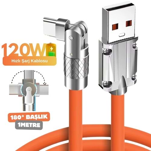 Usb To Type C Hızlı Şarj Data Kablosu Çevirici Dönüştürücü Adaptör 180° Döner 120W 1M 6015