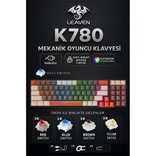 Leaven K780 Kompakt Mekanik Oyuncu Klavyesi-Hot swap-78 Tuş Switch li - Mavi Switch