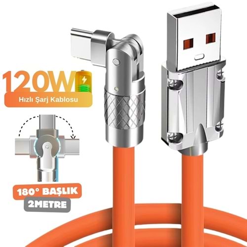 Usb To Type C Hızlı Şarj Data Kablosu 2Metre Çevirici Dönüştürücü Adaptör 180° Döner 120W 2M 6016