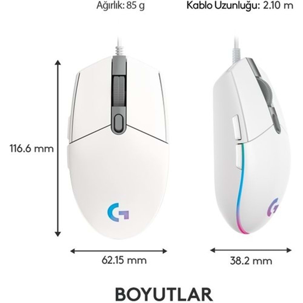 Logitech G G102 LIGHTSYNC RGB Aydınlatmalı 8.000 DPI Kablolu Oyuncu Mouse - Beyaz