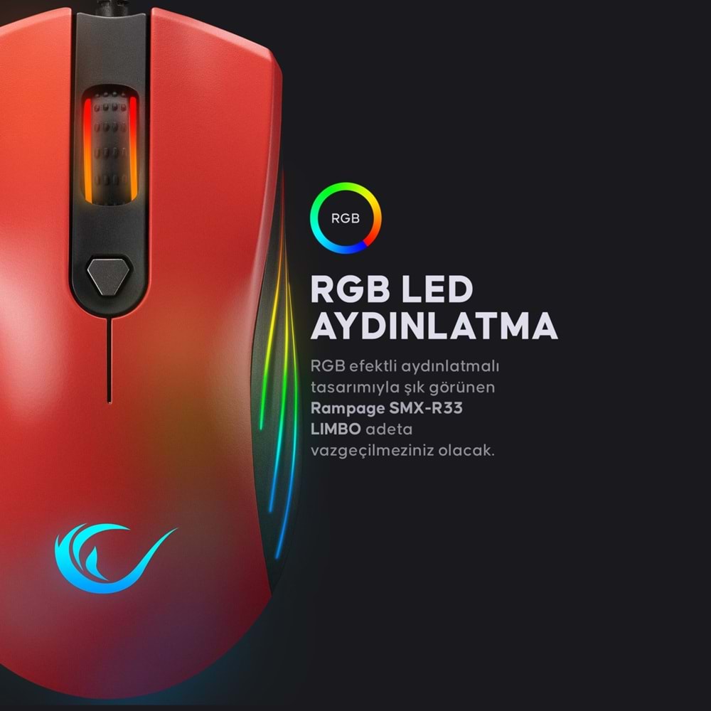 Rampage SMX-R33 Lımbo Makrolu Siyah/kırmızı 6400DPI Rgb Ledli Gaming Oyuncu MouseRampage