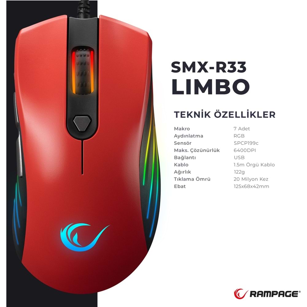 Rampage SMX-R33 Lımbo Makrolu Siyah/kırmızı 6400DPI Rgb Ledli Gaming Oyuncu MouseRampage