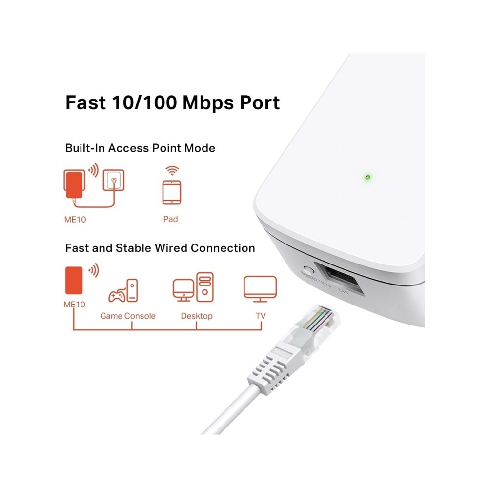 Mercusys ME10, N300 Mbps, 1× 10/100 Ethernet Bağlantı Noktası, Dahili Access Point Modu, Tek Tuşla Kolay Kurulum