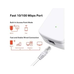 Mercusys ME10, N300 Mbps, 1× 10/100 Ethernet Bağlantı Noktası, Dahili Access Point Modu, Tek Tuşla Kolay Kurulum