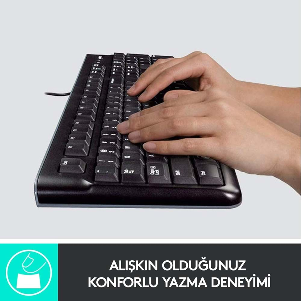 Logitech MK120 USB Kablolu Klavye Mouse Seti, Tam Boyutlu, Sağ ve Sol Elle Kullanıma Uygun Mouse, Sıvı Dökülmesine Dayanıklı, Türkçe Q Klavye, Siyah