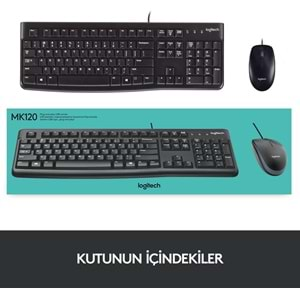 Logitech MK120 USB Kablolu Klavye Mouse Seti, Tam Boyutlu, Sağ ve Sol Elle Kullanıma Uygun Mouse, Sıvı Dökülmesine Dayanıklı, Türkçe Q Klavye, Siyah