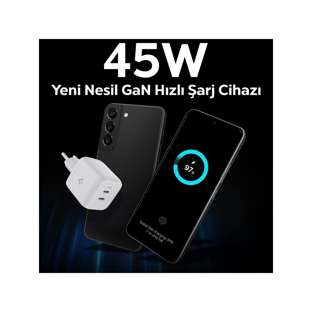 Spigen 45W GaN USB-C 2 Port Mini Adaptör - Samsung PPS 2.0 Destekli Hızlı Şarj Aleti iPhone & Android & iPad & MacBook Type-C